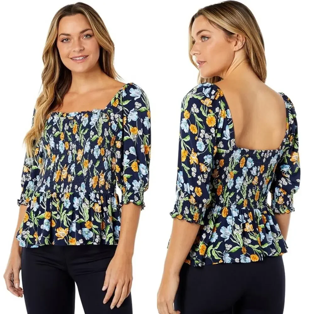 Draper James Knit Smocked Top in Navy Blue Floral